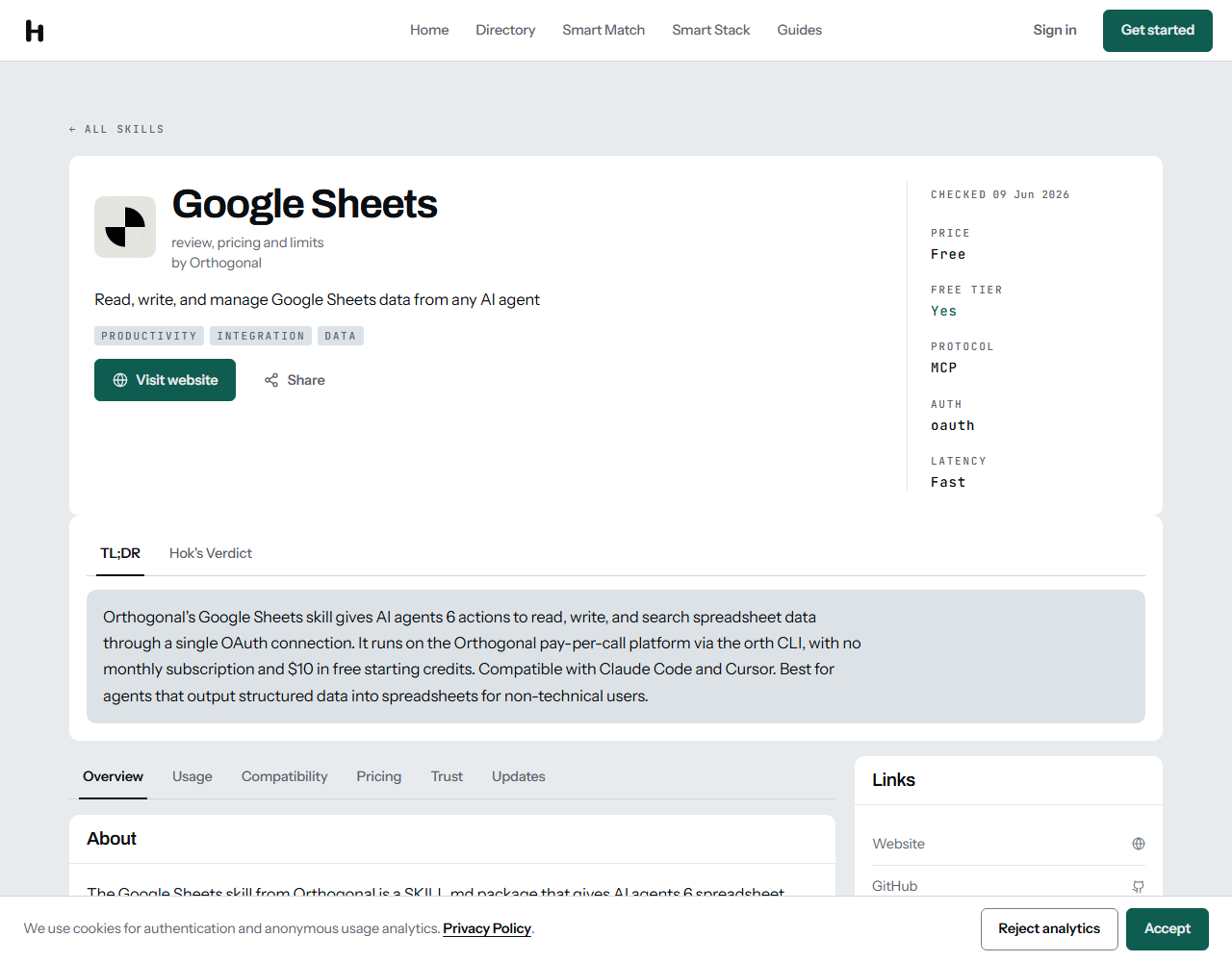 The HokAI page for the Google Sheets skill, header strip showing price free, protocol MCP, auth oauth and latency fast.