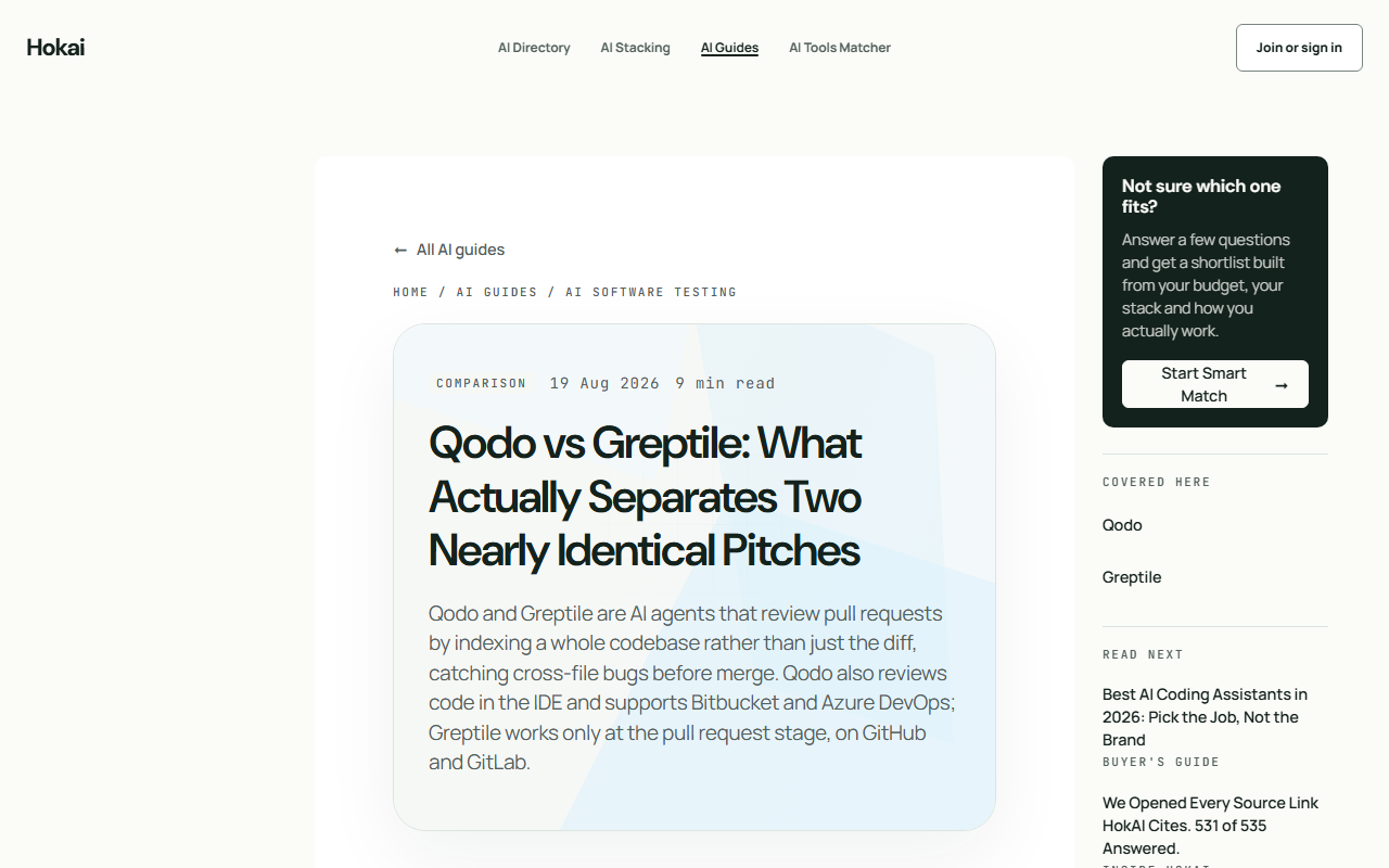The Qodo vs Greptile guide with the word COMPARISON printed above its headline and a publication date of 19 Aug 2026.