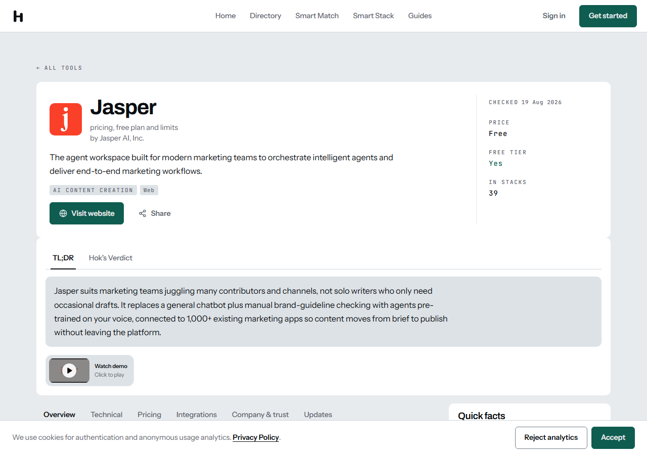 The Jasper listing page on hokai.io, showing the header stamp "Checked 19 Aug 2026", price free, free tier yes, and tabs for overview, technical, pricing, integrations, company and updates.