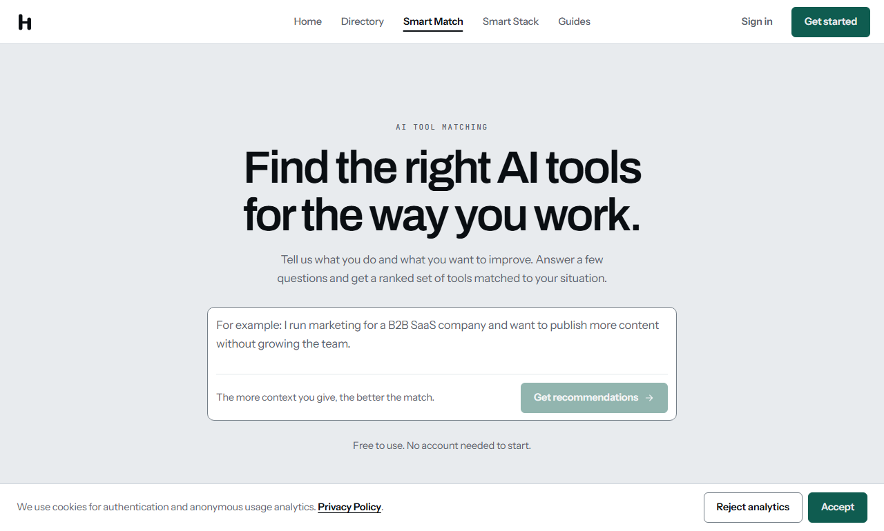 The Smart Match opening screen on hokai.io, showing a single input box with an example prompt and the line "Free to use. No account needed to start."