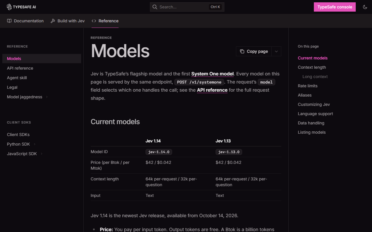 TypeSafe docs Models page showing the Jev 1.14 and 1.13 price, context length and input rows