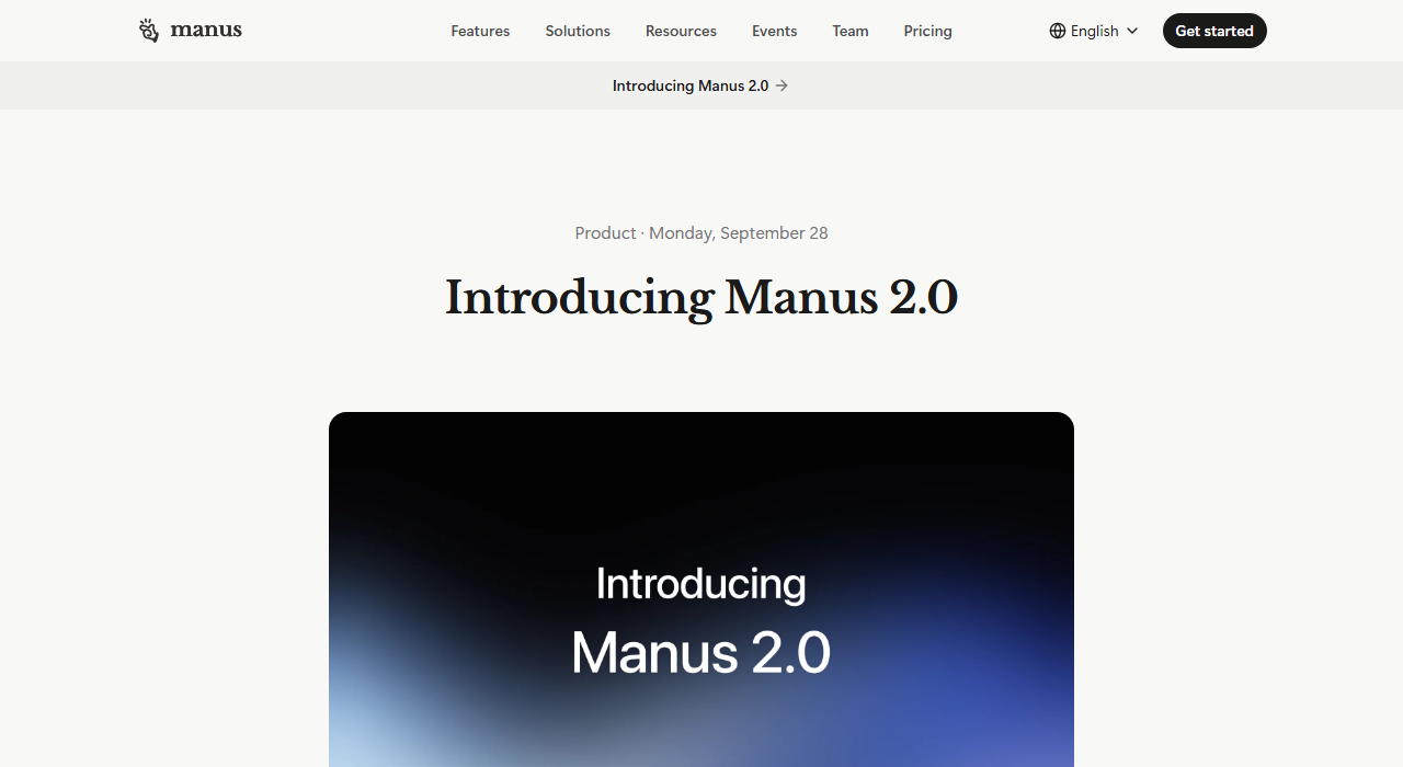 The Manus 2.0 launch post headline, dated Monday 28 September, on the Manus blog as captured on 1 October 2026