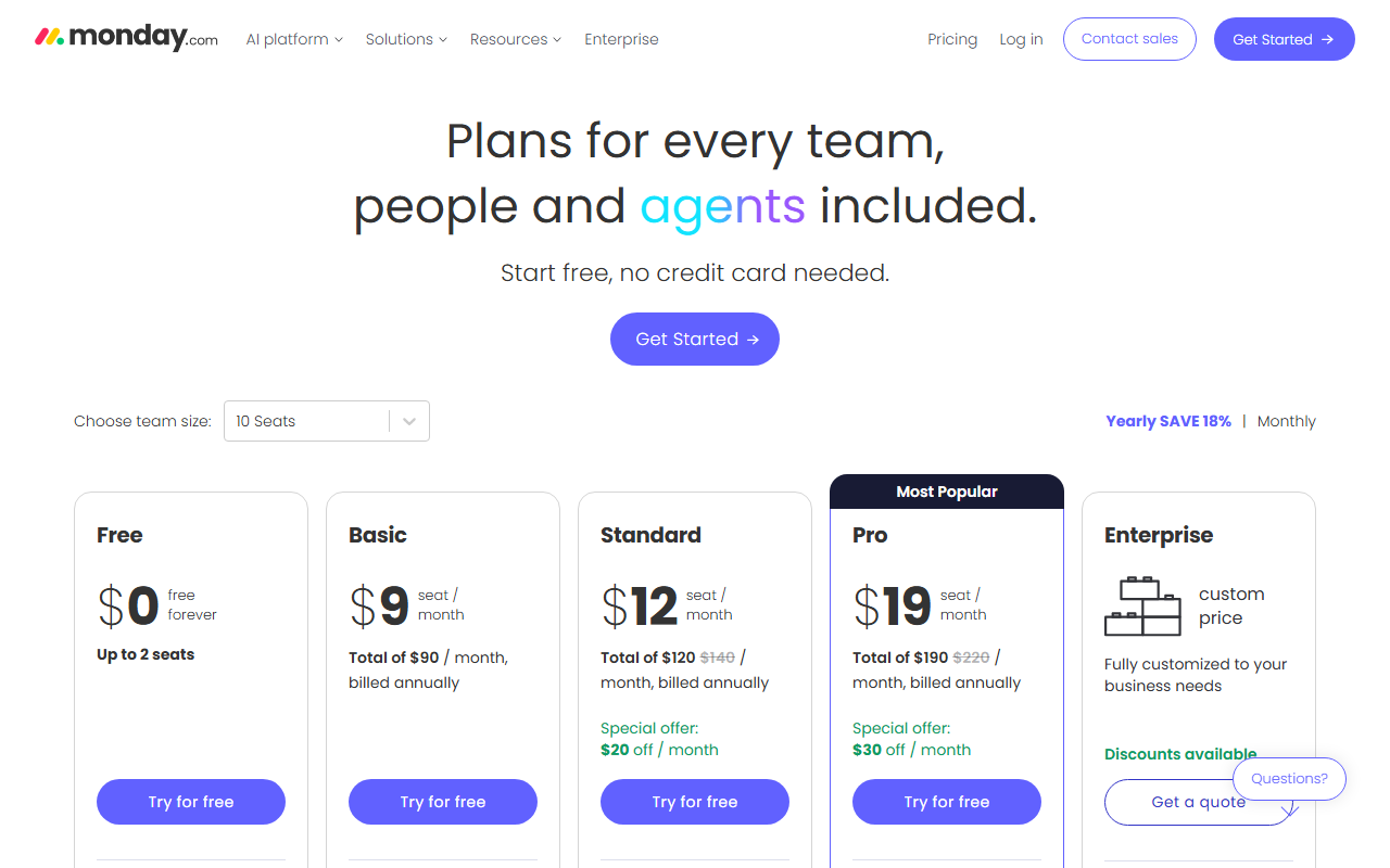 monday.com pricing page showing Free, Basic at $9, Standard at $12, Pro at $19, and Enterprise tiers with a 10-seat team-size selector