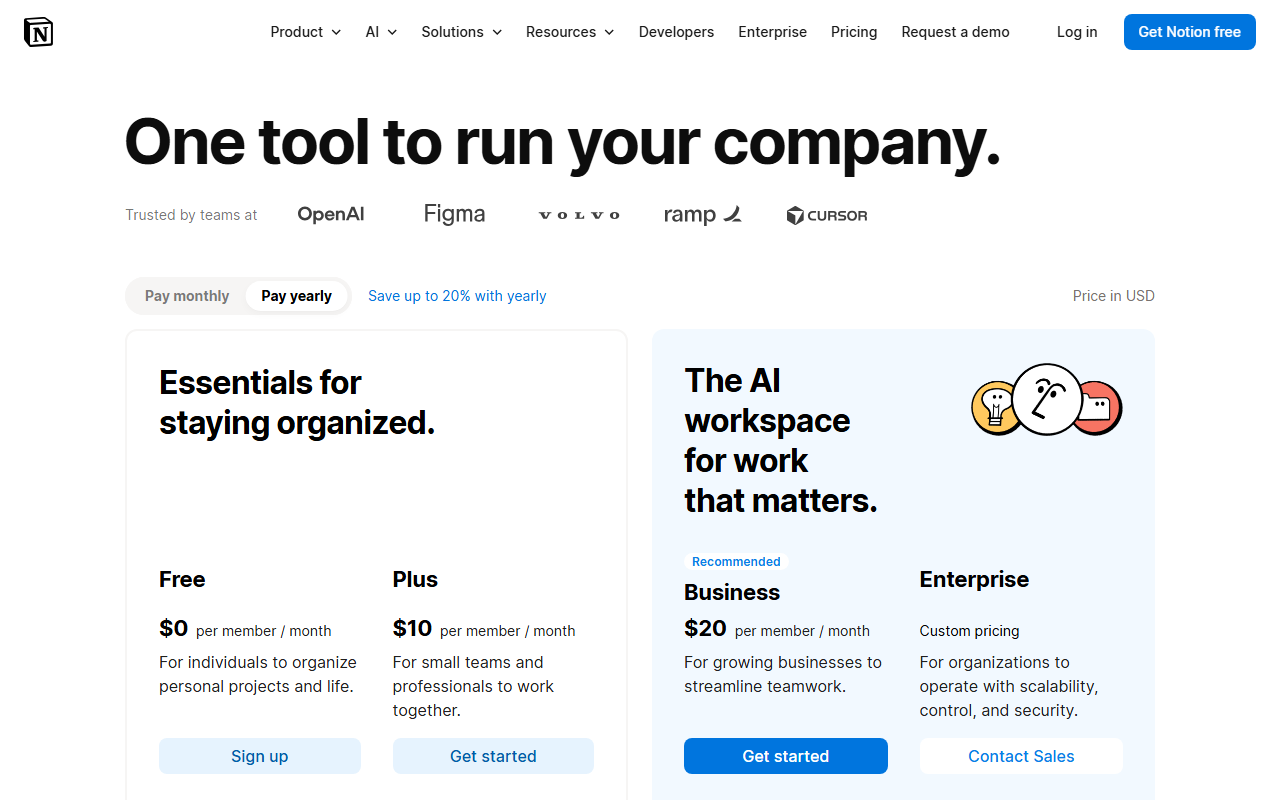 Notion pricing page showing Free at $0, Plus at $10, Business at $20 recommended, and Enterprise per-member tiers