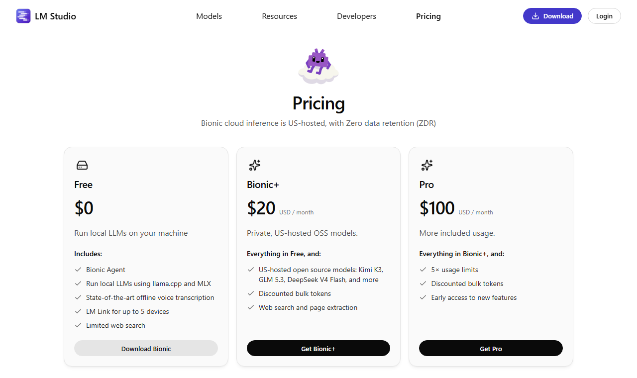 LM Studio pricing page showing Free at $0, Bionic+ at $20 a month and Pro at $100 a month