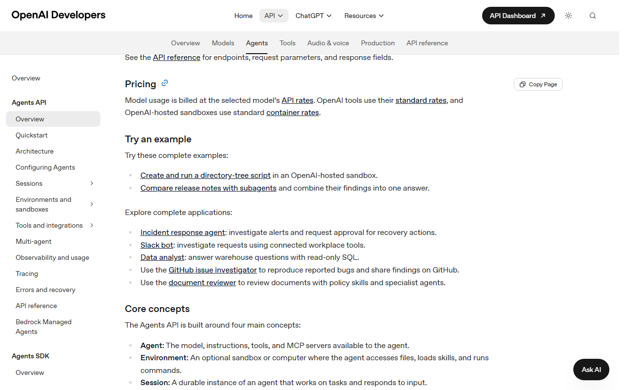The Pricing section of the OpenAI Agents API overview page, stating that model usage, OpenAI tools and hosted sandboxes bill at standard published rates