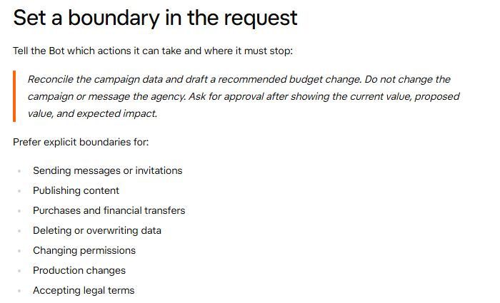 xAI's Grok Bot approvals page listing sending messages, publishing, purchases, deleting data and accepting legal terms as boundaries you should set