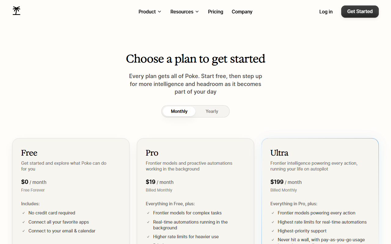 Poke's pricing page showing Free, Pro and Ultra cards, with background automations listed under Pro