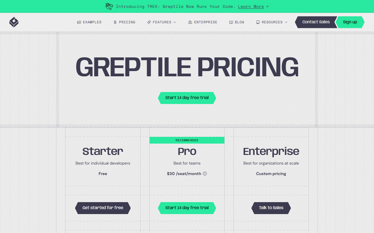 Greptile's pricing page showing three tiers: Starter free for individual developers, Pro at $30 per seat per month marked recommended, and custom-priced Enterprise