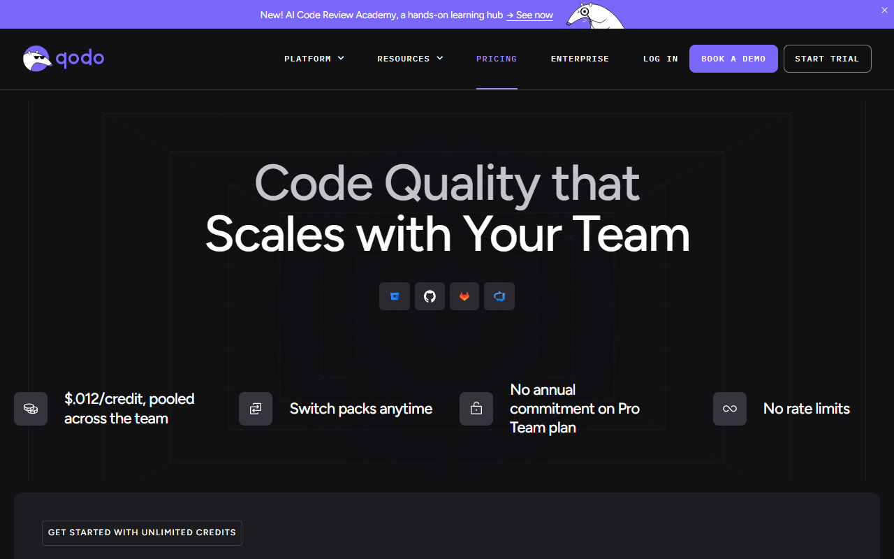 Qodo's pricing page showing the flat $30-a-month Pro Team plan, no annual commitment, and $.012-per-credit overage pooled across the team