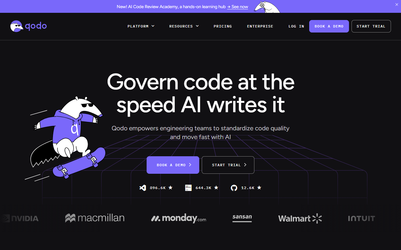 Qodo's homepage headline "Govern code at the speed AI writes it," with customer logos for Nvidia, Walmart, Intuit and monday.com and install counts of 896.6K for its VS Code extension