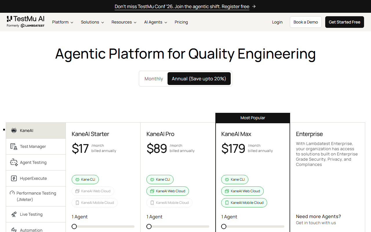 TestMu AI's KaneAI pricing tiers: Starter at $17/month, Pro at $89/month, and Max at $179/month, each listing agent counts and credit allocations separately from the other five TestMu AI products