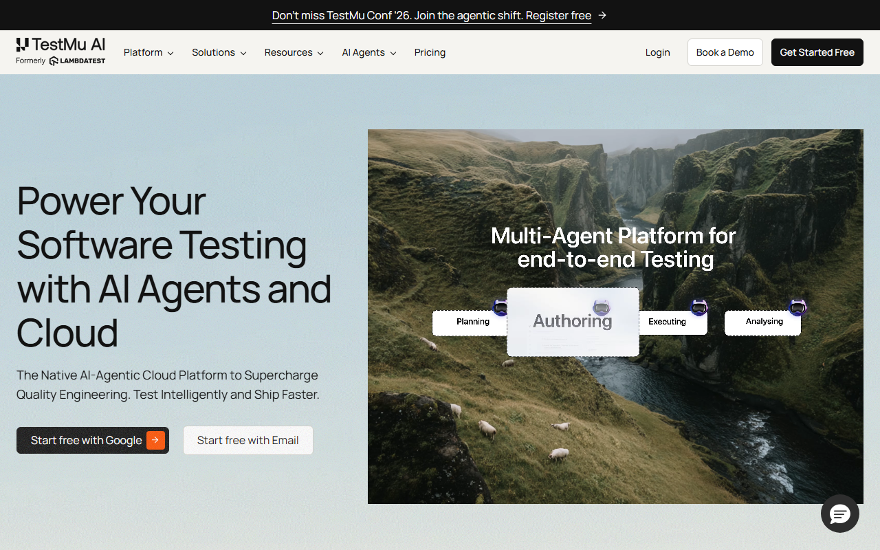 TestMu AI's homepage showing its four-agent workflow diagram: Planning, Authoring, Executing and Analysing, layered over the "Multi-Agent Platform for end-to-end Testing" headline