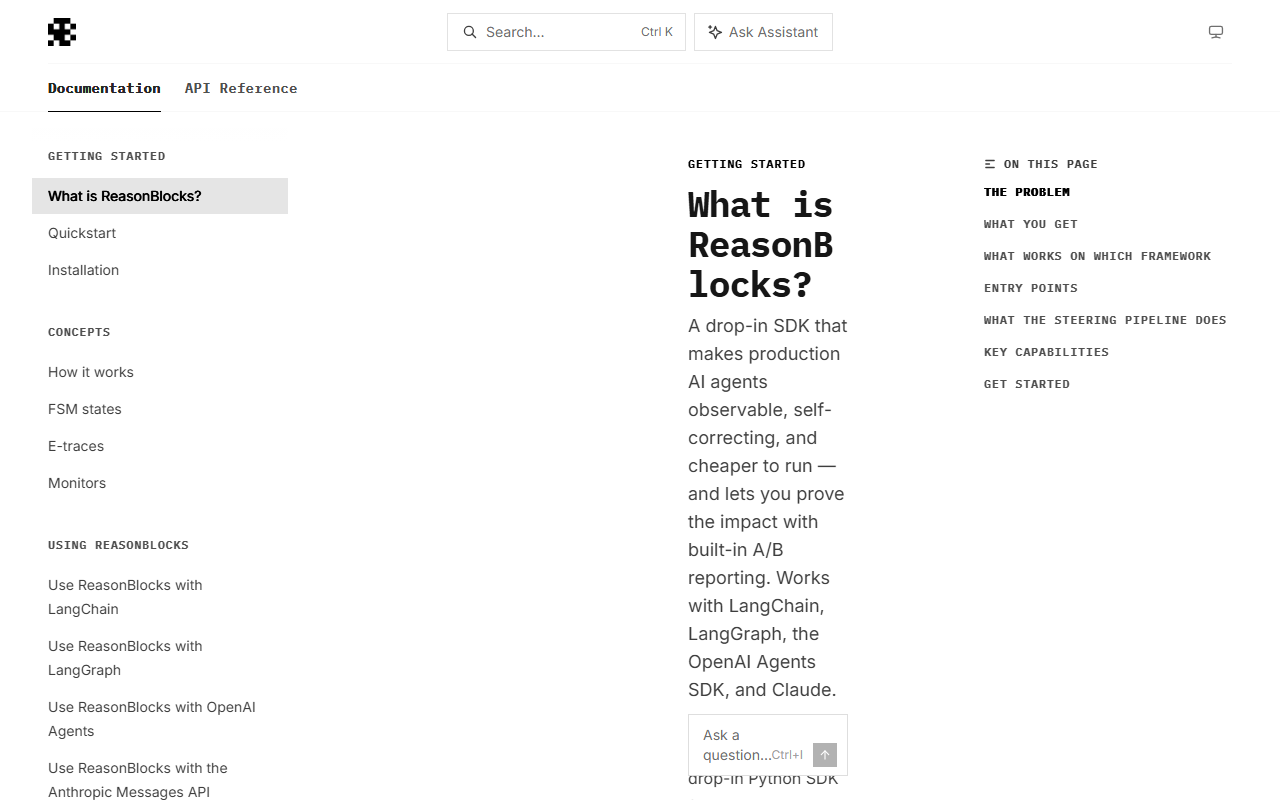 ReasonBlocks' documentation site listing its integration guides for LangChain, LangGraph, OpenAI Agents, and the Anthropic Messages API