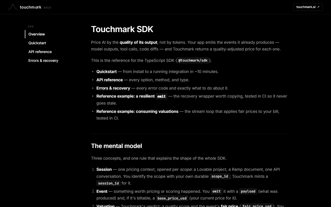 Touchmark's own SDK documentation page, still describing the pre-pivot pitch: "Price AI by the quality of its output, not by tokens"