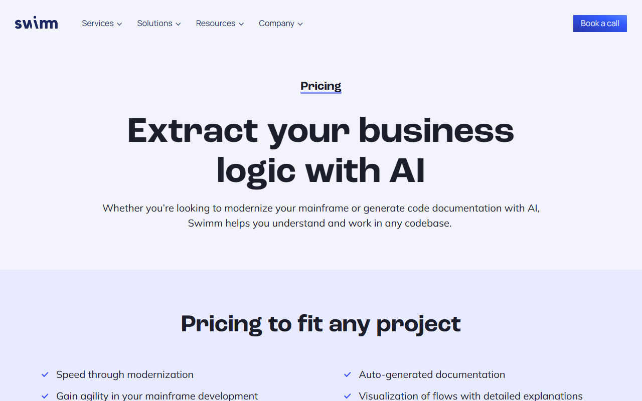 Swimm's pricing page headlined "Extract your business logic with AI," describing mainframe modernization and AI-generated documentation with no visible dollar amounts
