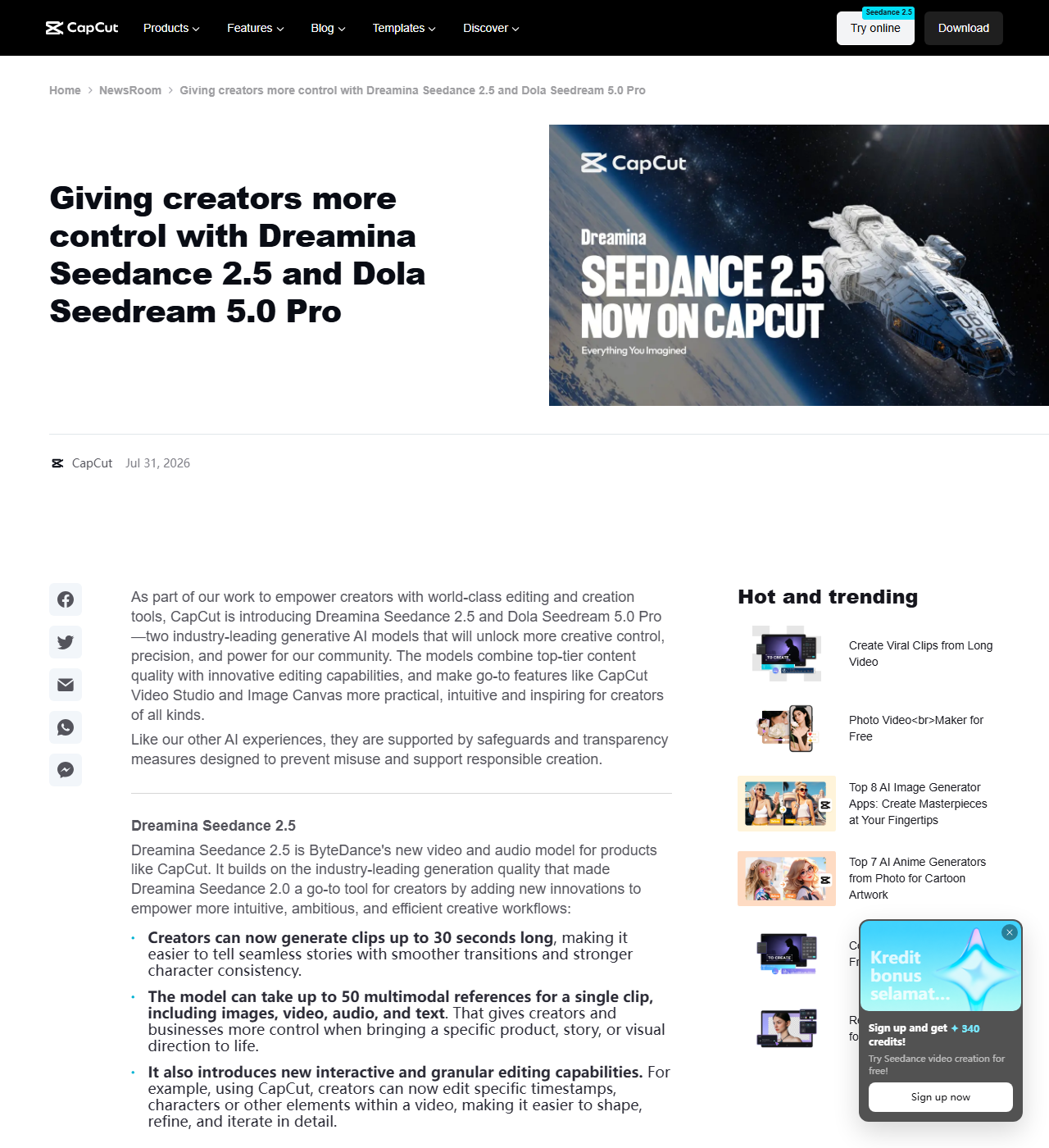 CapCut newsroom post dated 31 July 2026 announcing Dreamina Seedance 2.5, with bullet points on 30-second clips and up to 50 multimodal references