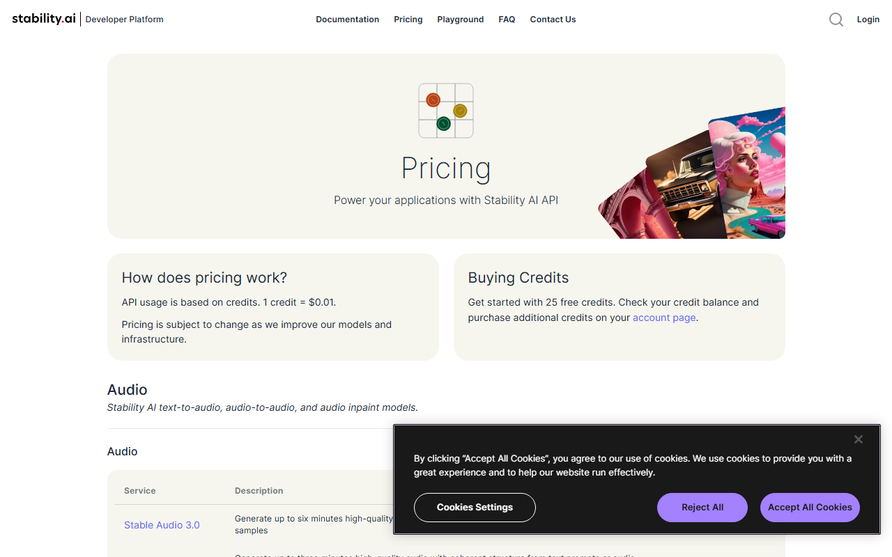 Stability AI's developer platform pricing page showing the credit system, 1 credit equals $0.01, and 25 free starter credits
