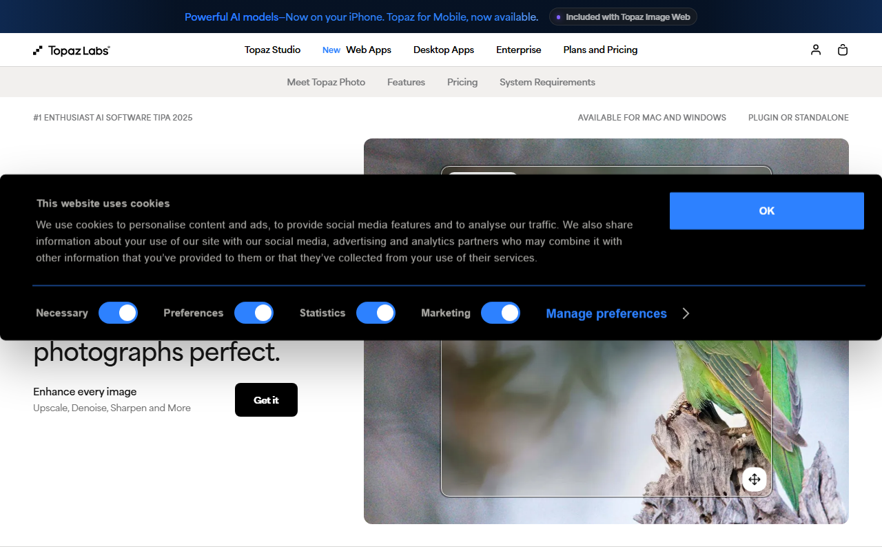 Topaz Photo AI's product page showing its TIPA 2025 award badge and a wildlife photo enhancement example
