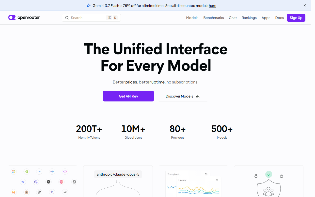 OpenRouter's homepage showing its own stated scale: 200T+ monthly tokens, 10M+ global users, 80+ providers and 500+ models
