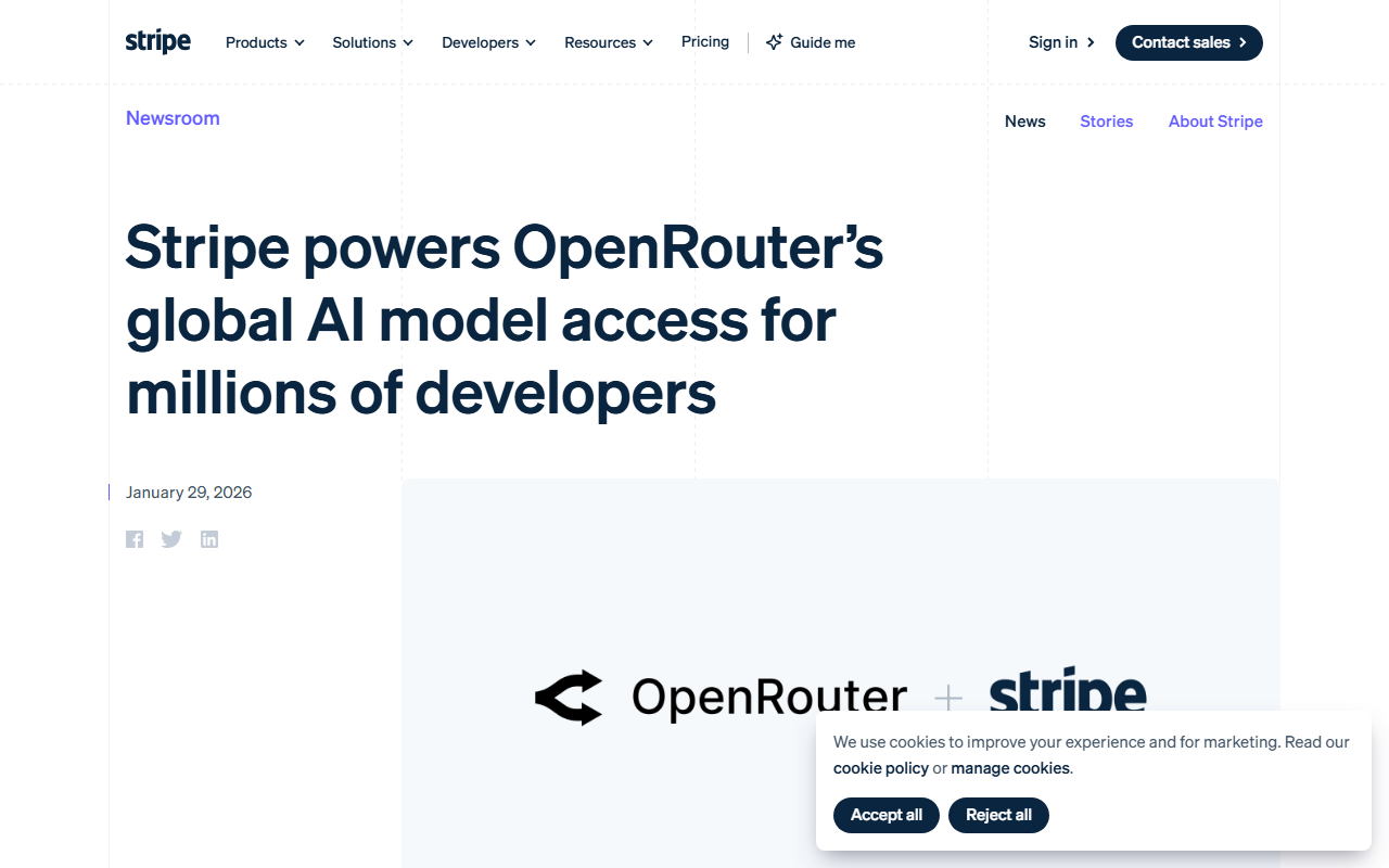 Stripe's newsroom announcement dated January 29, 2026, headlined "Stripe powers OpenRouter's global AI model access for millions of developers," with the OpenRouter and Stripe logos side by side