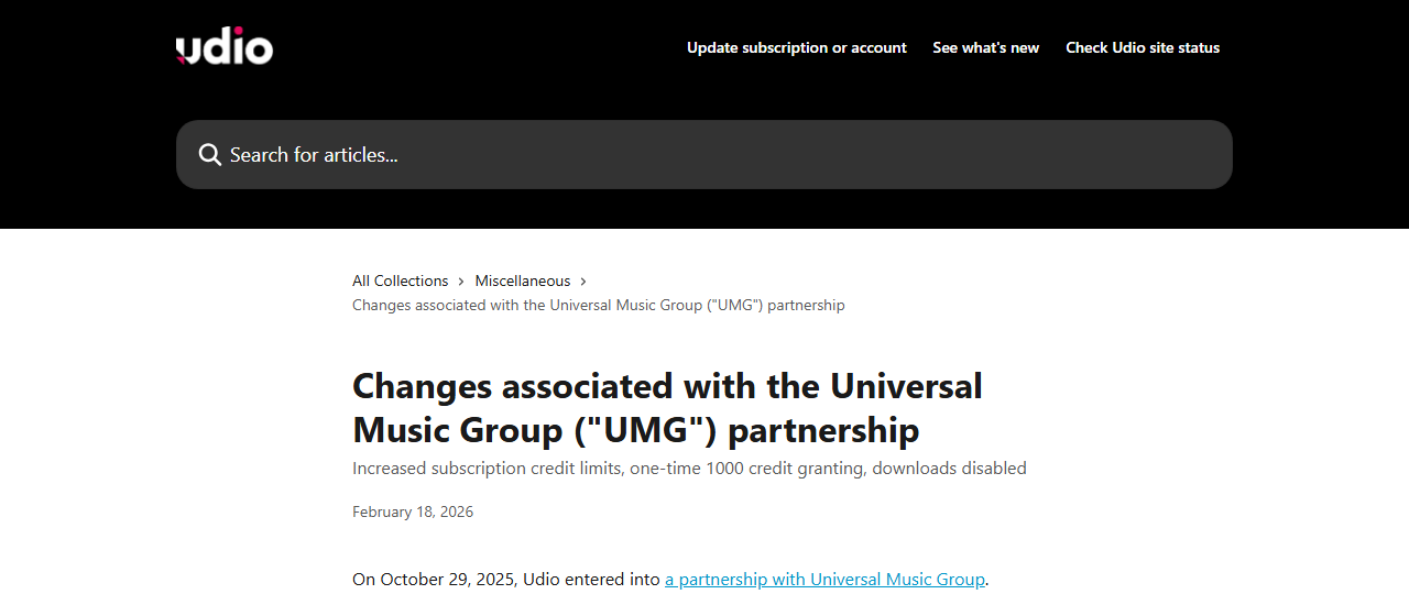 Udio help center article titled Changes associated with the Universal Music Group partnership, dated 18 February 2026, with the subtitle downloads disabled
