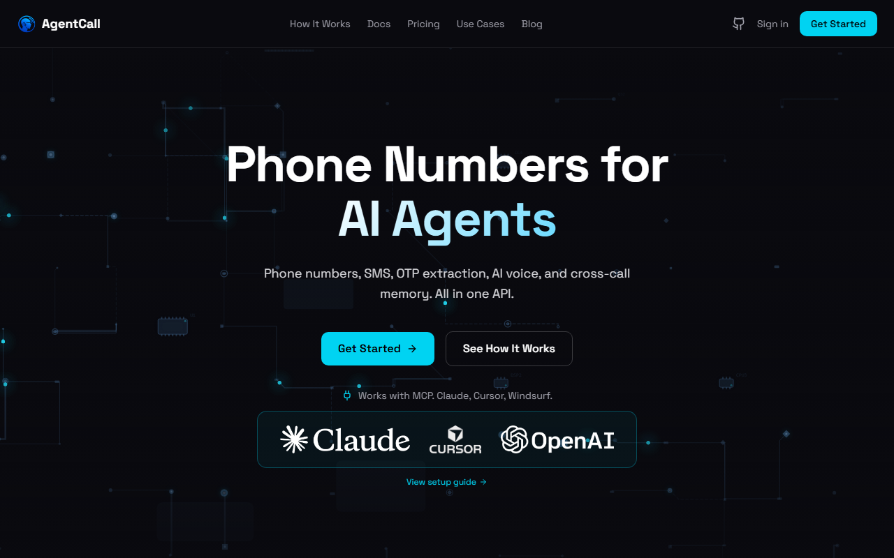 AgentCall's homepage stating it works with MCP: Claude, Cursor and Windsurf, the same three clients AgentPhone supports