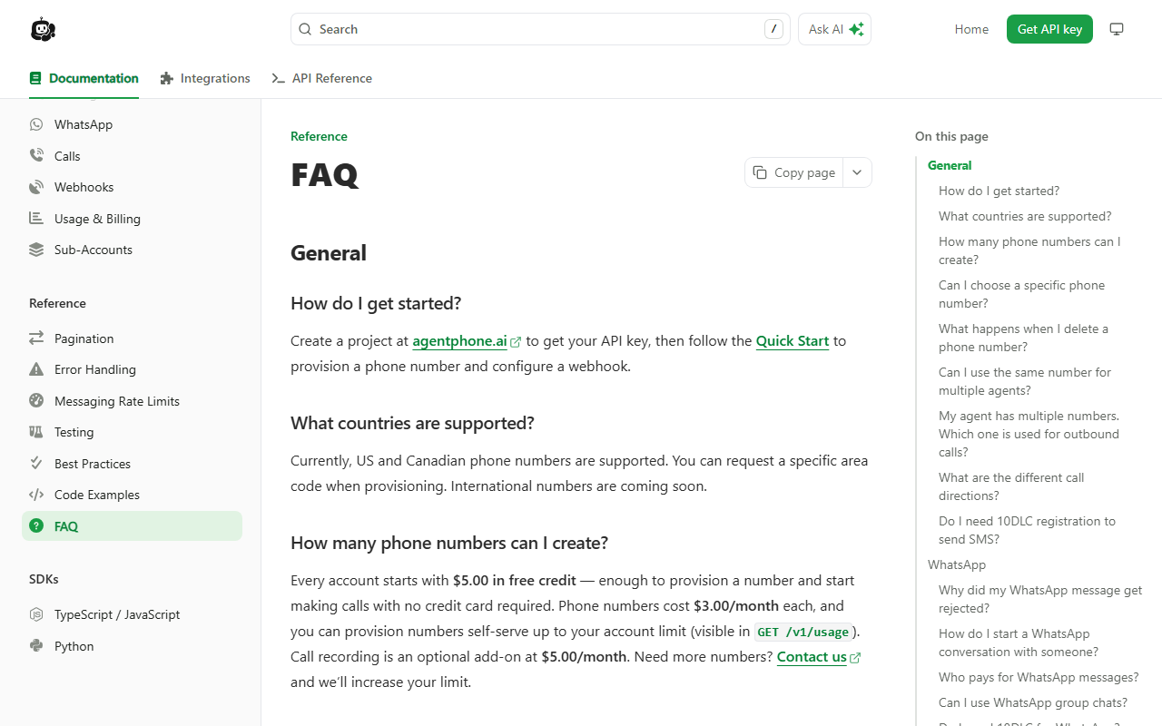 AgentPhone's documentation FAQ page showing the $5 free credit, $3 per month number fee and $5 per month recording add-on, with no per-minute rate listed