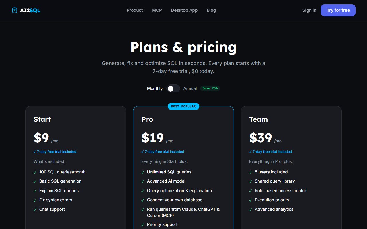 AI2sql's three pricing tiers, showing flat monthly rates of $9, $19 and $39 with no usage-based billing option