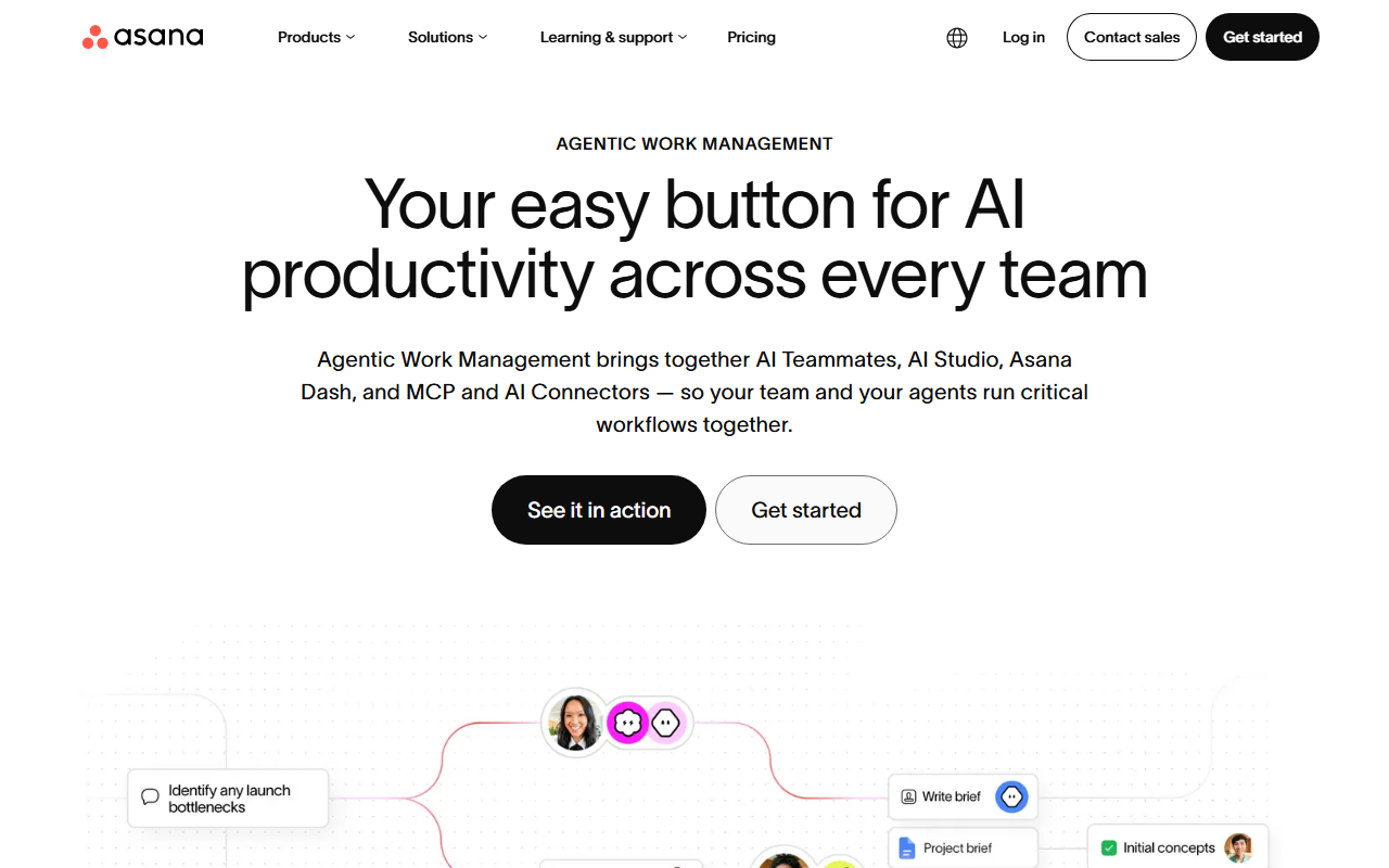 Asana's Agentic Work Management landing page with the headline Your easy button for AI productivity across every team, showing how AI Teammates, AI Studio, Dash and connectors fit together