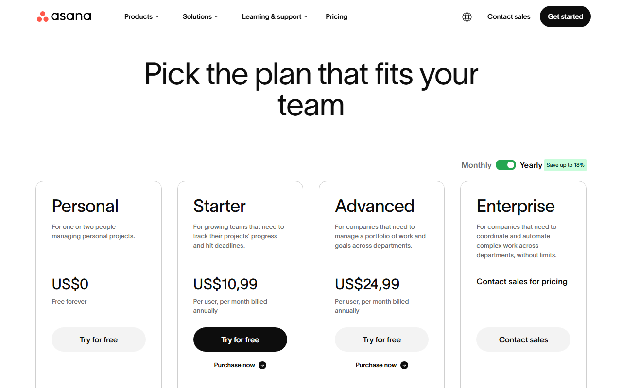 Asana's pricing page showing Personal at US$0, Starter at US$10.99, Advanced at US$24.99 per user per month billed annually, and Enterprise as contact sales