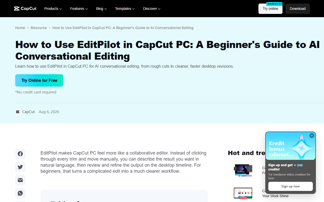 CapCut's own EditPilot help page, describing it as AI conversational editing for CapCut PC