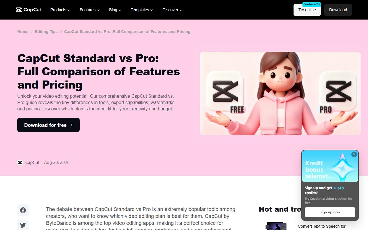 CapCut's own Standard vs Pro comparison page, with a promotional banner for its Seedance 2.5 AI model in the top corner