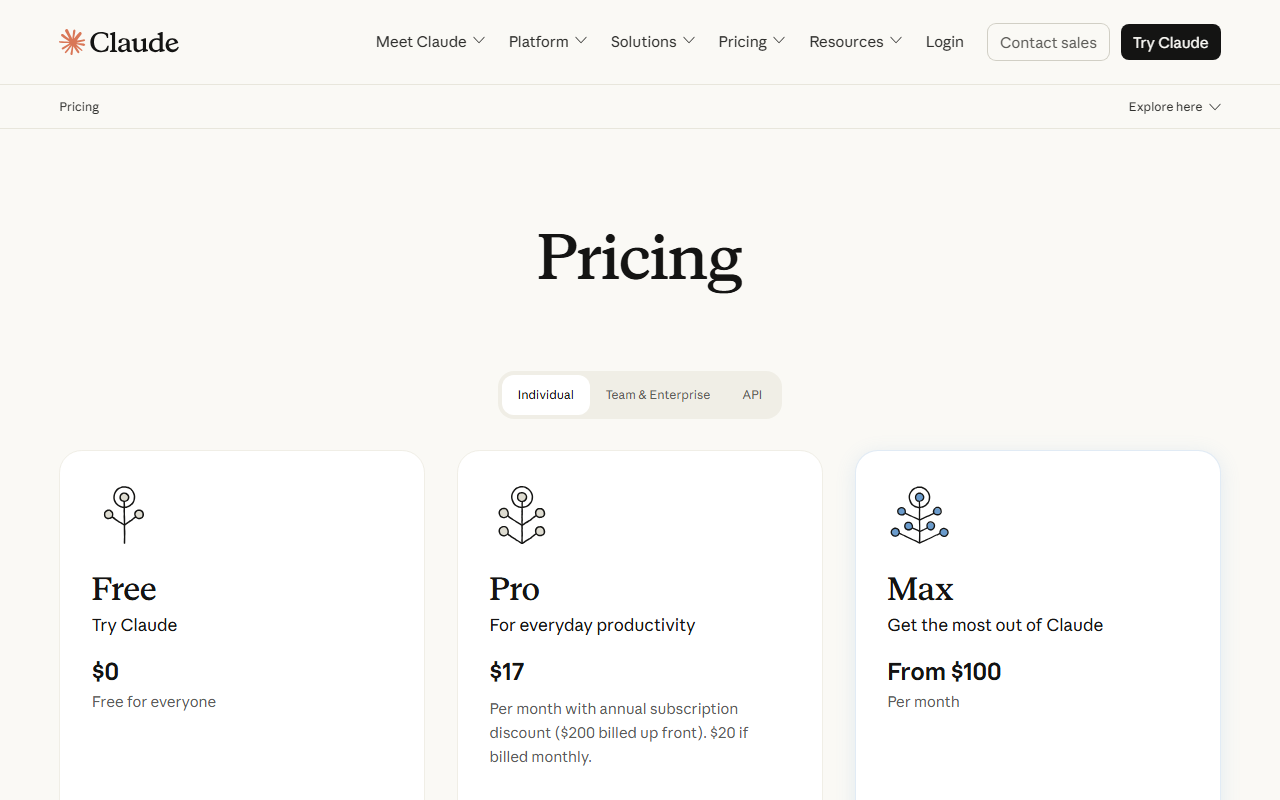 Claude's pricing page showing the Free, Pro at $17 a month and Max from $100 a month tiers, with no separate line item for the commerce-agent blueprint anywhere on the page