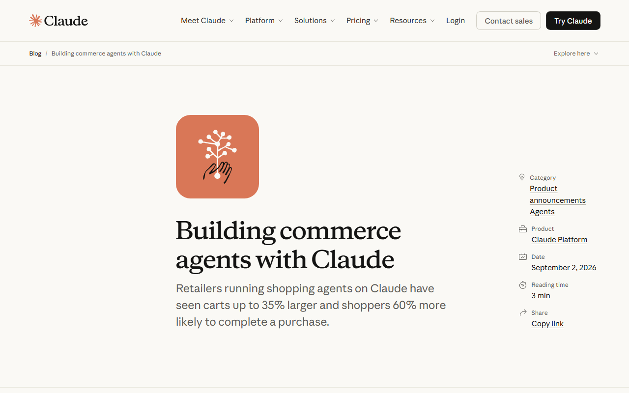 Anthropic's September 2, 2026 blog post announcing commerce agents for Claude, with the headline claim that shopping-agent carts run up to 35% larger and shoppers are 60% more likely to complete a purchase