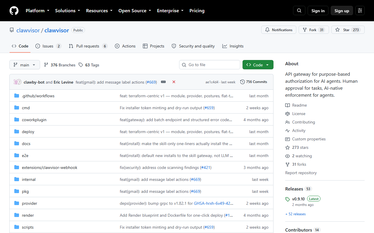Clawvisor's GitHub repository, showing 273 stars, 31 forks, 756 commits and v0.9.10 as the latest release
