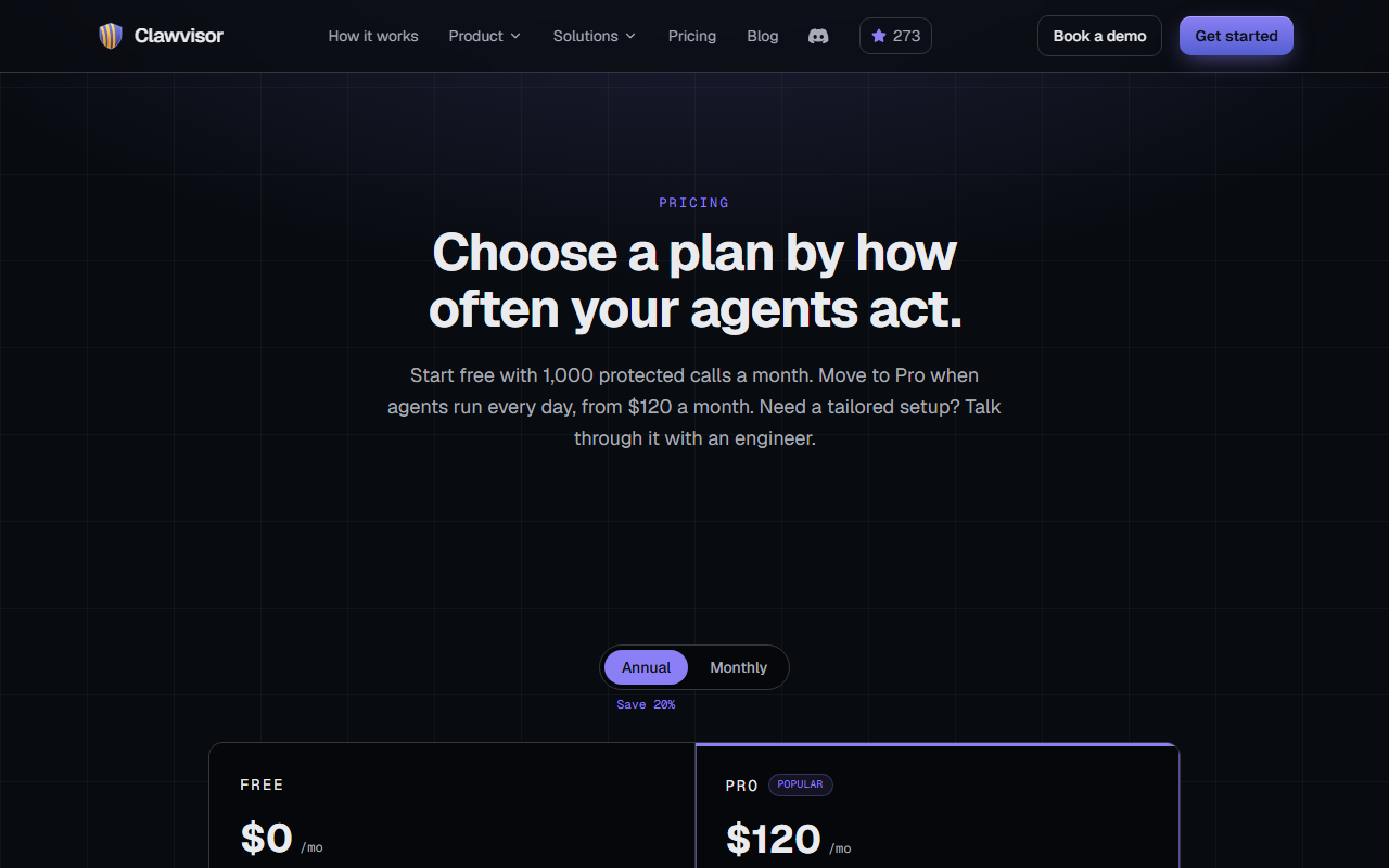 Clawvisor's pricing page, showing the Free plan at $0 a month and Pro starting at $120 a month billed annually