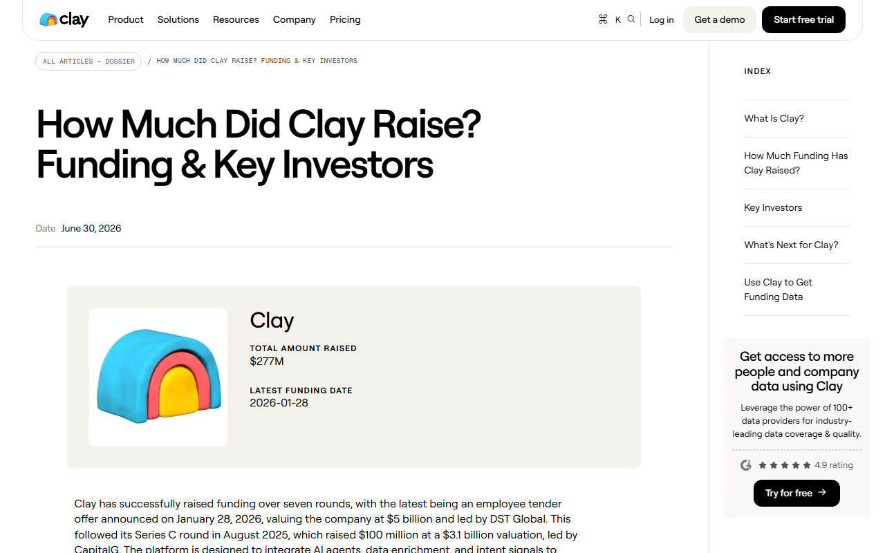 Clay's own funding dossier page, listing $277M raised total and a latest funding date of 2026-01-28 at a $5 billion valuation