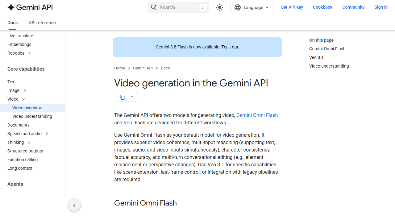 Google's Gemini API video generation docs page, with the paragraph telling developers to use Gemini Omni Flash as their default model and Veo 3.1 for scene extension and last-frame control