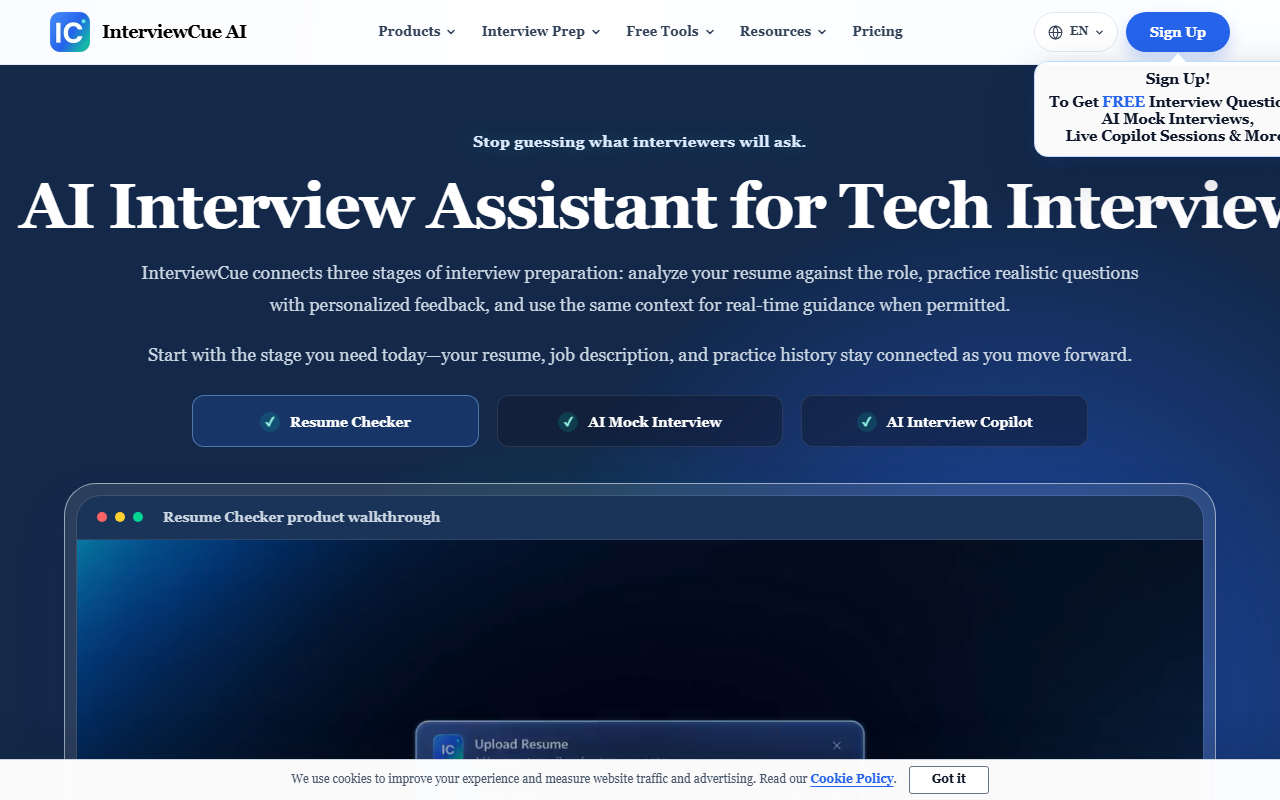 InterviewCue's homepage advertising an AI interview assistant with resume checking and mock interviews