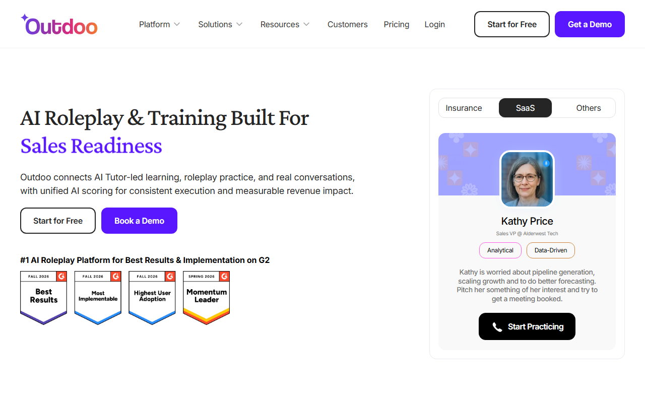 Outdoo.ai's homepage showing an AI-scored buyer persona card for a sales roleplay session