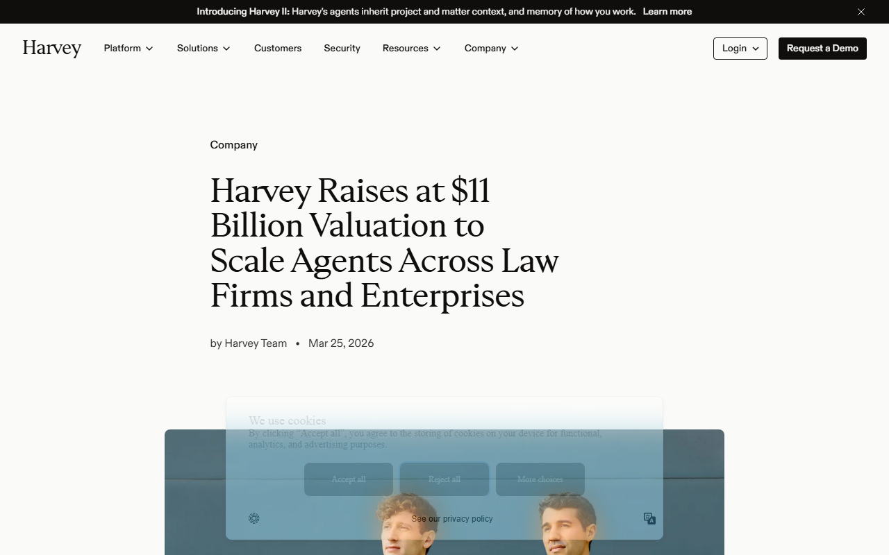 Harvey's own blog post announcing the $11 billion valuation, byline Harvey Team, dated Mar 25, 2026