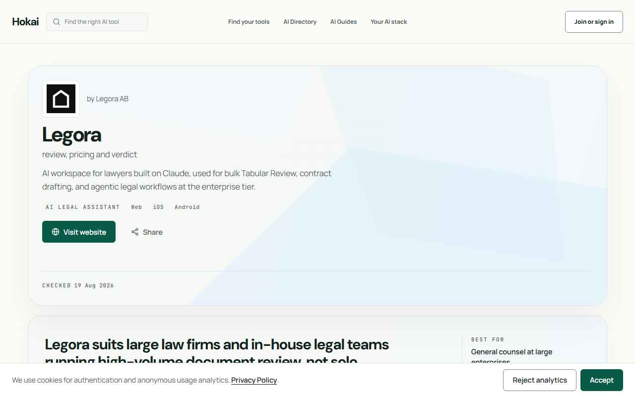 HokAI's Legora listing, showing its AI Legal Assistant category tag and "best for general counsel at large enterprises" editorial verdict