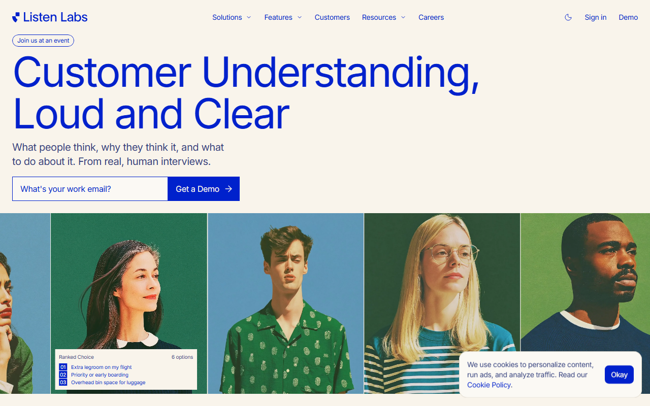 Listen Labs' marketing site directing every visitor to book a demo, with no pricing page in the navigation