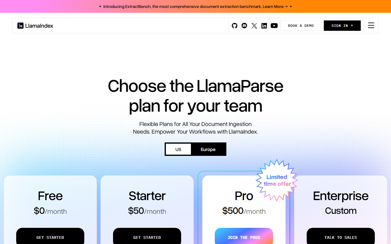 LlamaParse's pricing page showing Free, Starter at $50 a month, Pro at $500 a month marked as a limited time offer, and custom Enterprise tiers