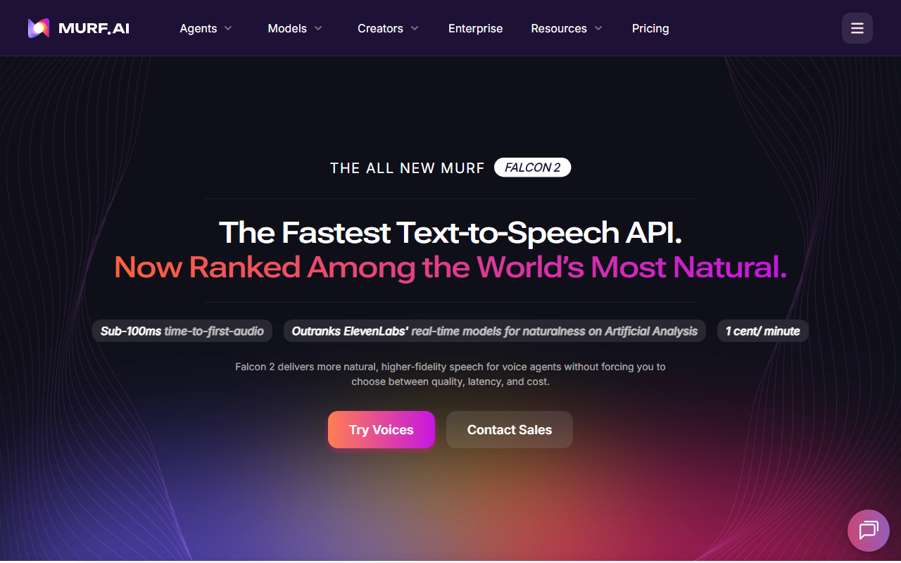 Murf Falcon 2's landing page headline claiming sub-100ms time-to-first-audio, naturalness ranked above ElevenLabs' real-time models on Artificial Analysis, and one cent per minute pricing