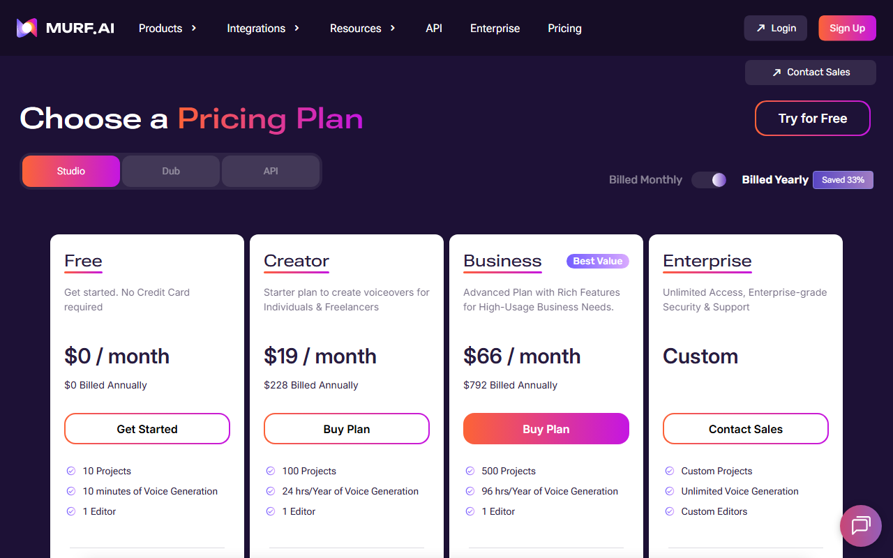 Murf's Studio pricing page showing Free, Creator at $19/month, Business at $66/month and Enterprise tiers, billed annually