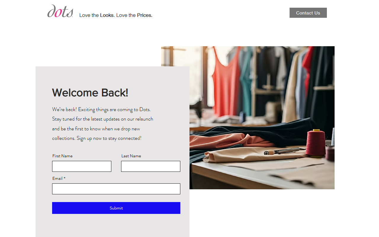 The dots.com home page on 1 October 2026: a relaunch sign-up form for a clothing brand called Dots