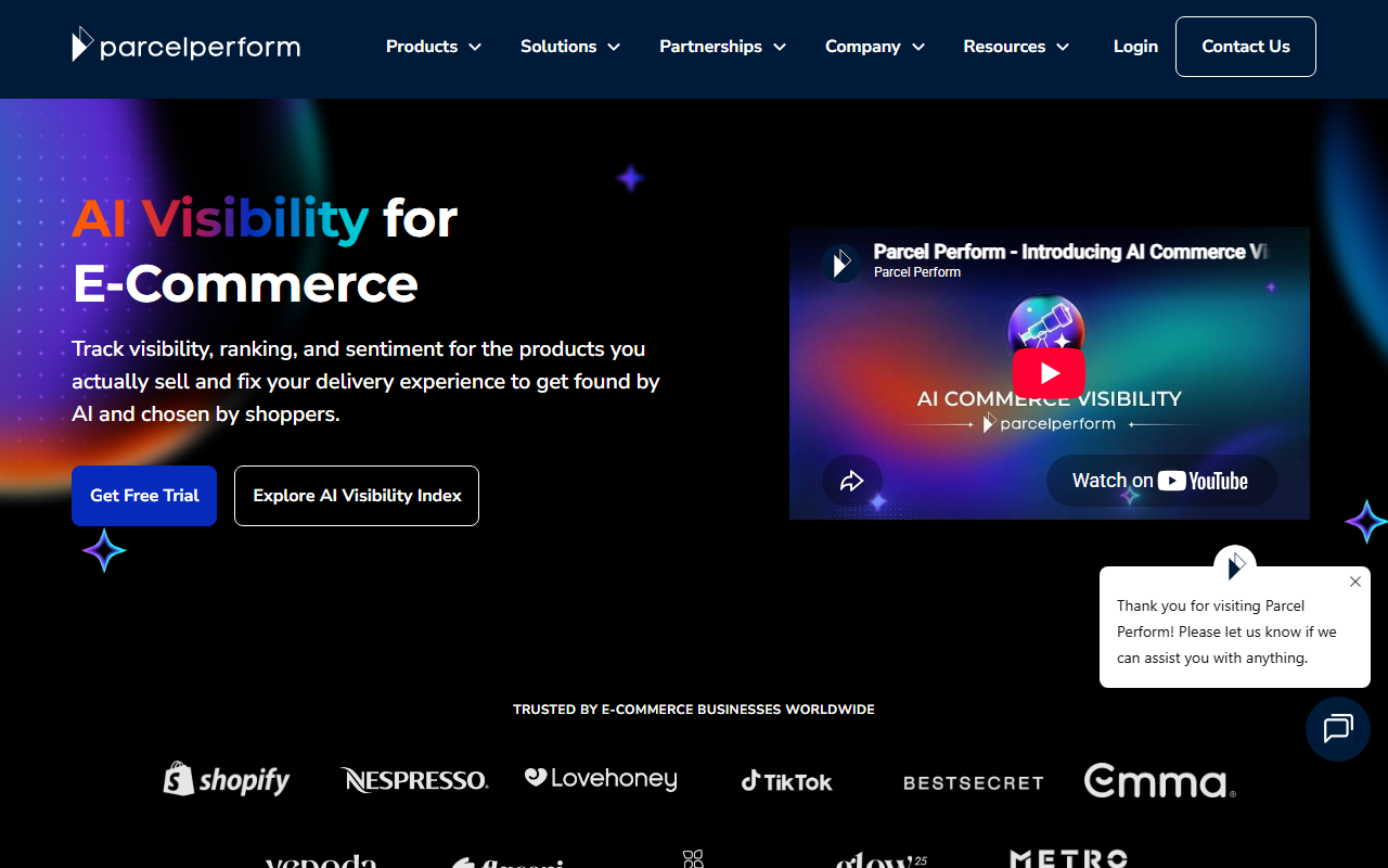 Parcel Perform's AI Commerce Visibility landing page, showing the "AI Visibility for E-Commerce" headline, an introductory video, and customer logos including Nespresso, Shopify, and TikTok