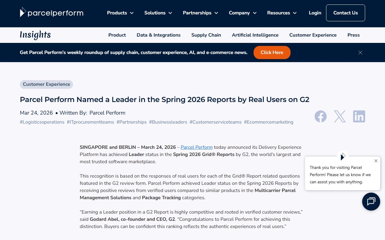 Parcel Perform's own announcement page confirming Leader status in G2's Spring 2026 Grid Reports for Multicarrier Parcel Management and Package Tracking, dated March 24, 2026